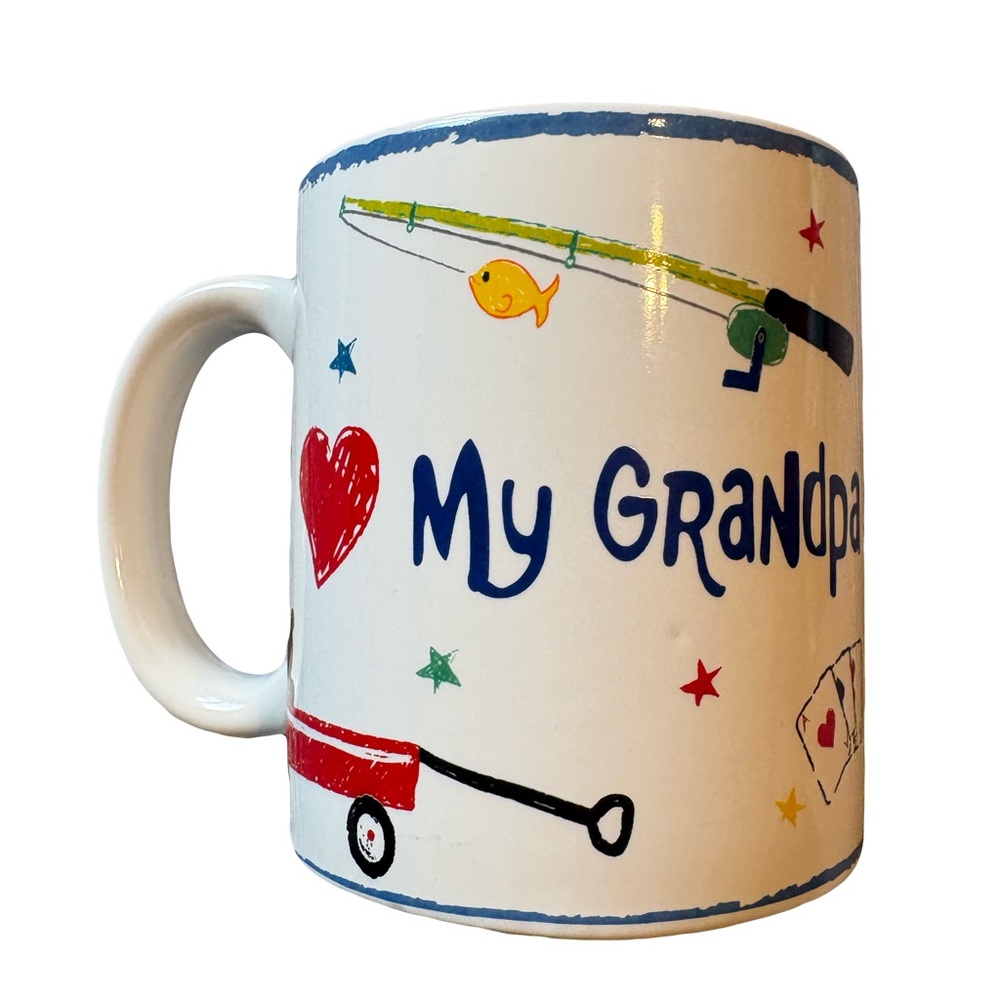 Vintage Russ I Love My Grandpa Coffee Mug Child’s Drawings Y2K Fishing Cards
